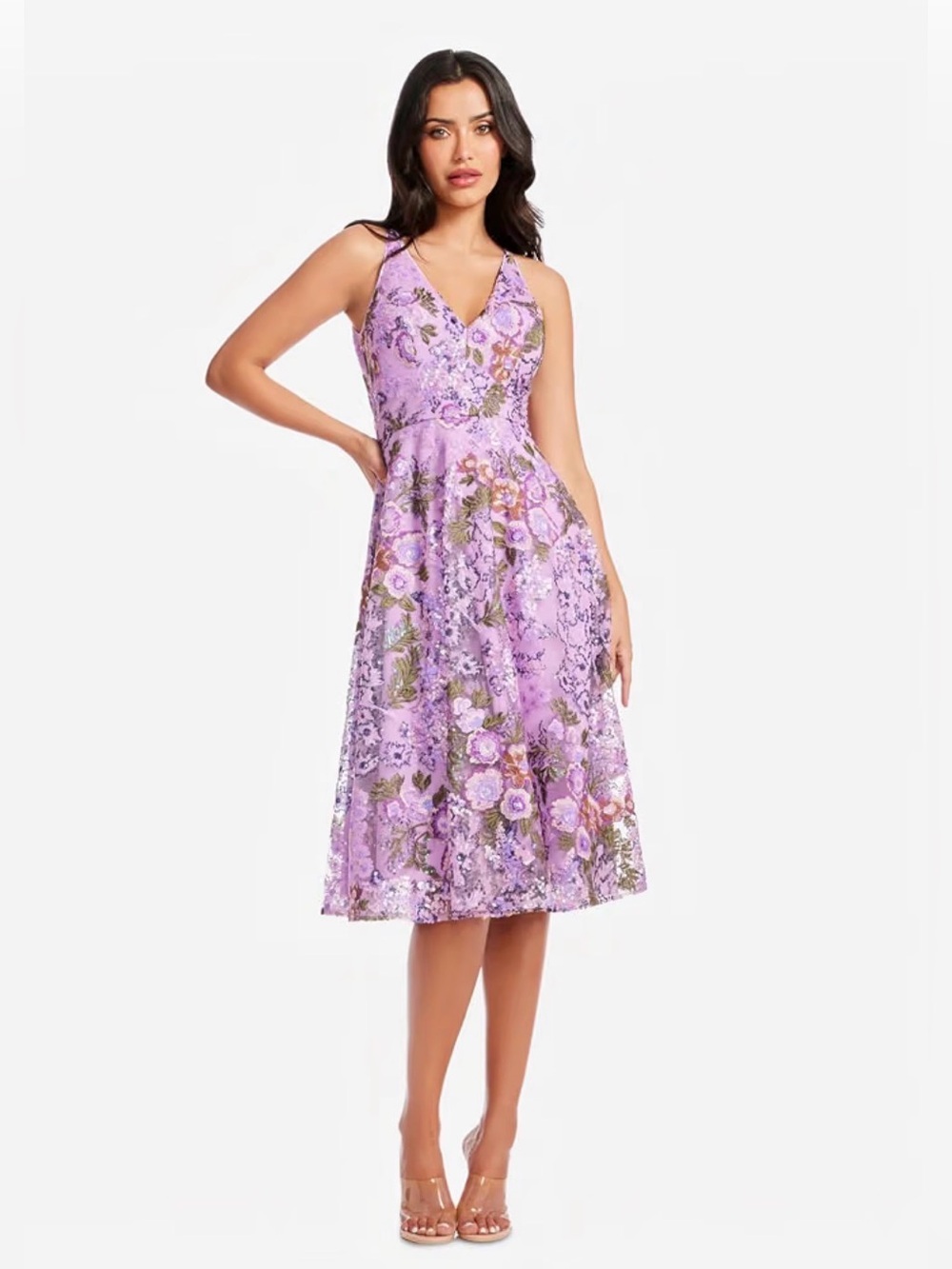 Dress the Population Lavender Floral V-Neck Midi Elisa dress